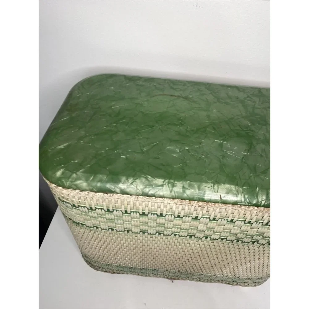 Vintage MCM Red-Man Laundry Hamper Wicker White Green Lucite Top Art Deco